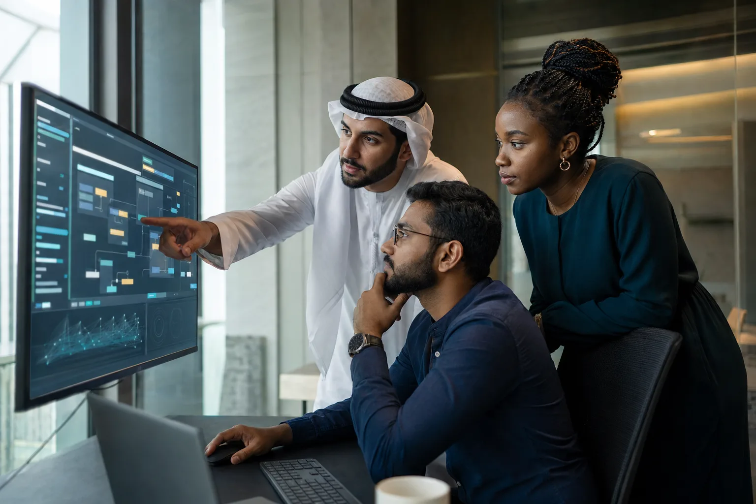 An engineering pod reviewing work together at a screen
